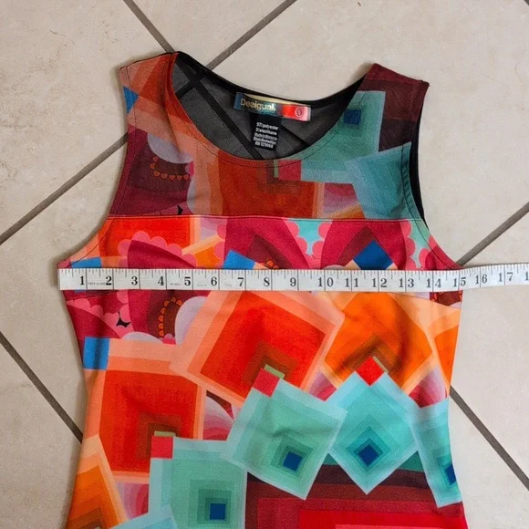 Desigual Shift Dress Geometric Pixel Knit Sheer Mesh Sleeveless Knee Length Blue - Picture 7 of 10